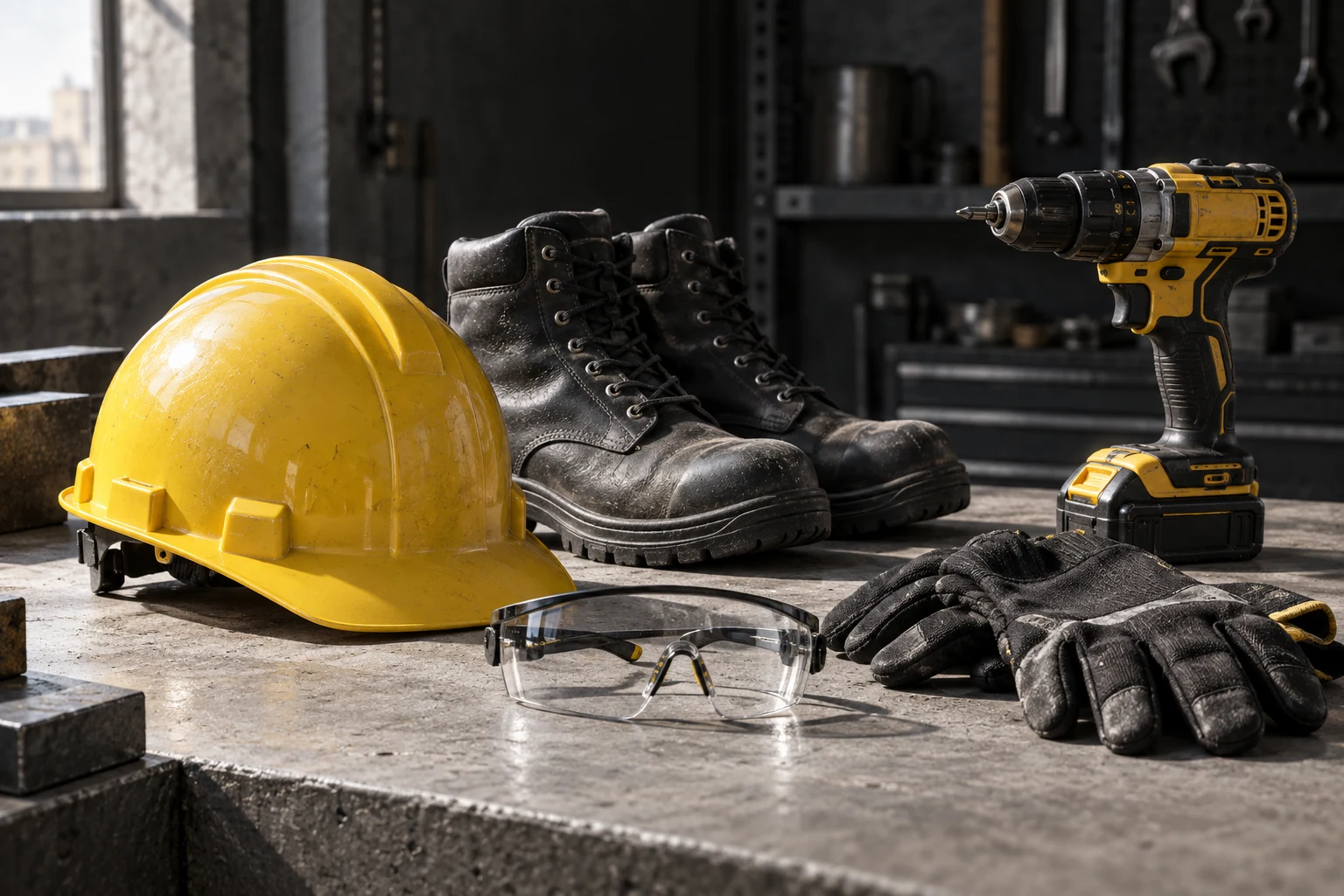 Equipamento de protecção e ferramentas numa bancada